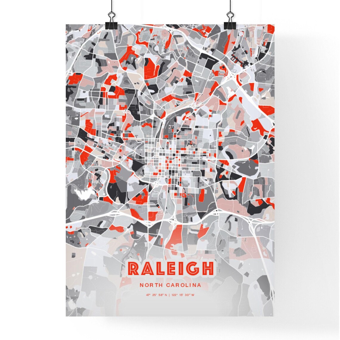 Raleigh North Carolina Bold Red Modern City Street Map Artwork Poster - Image 3