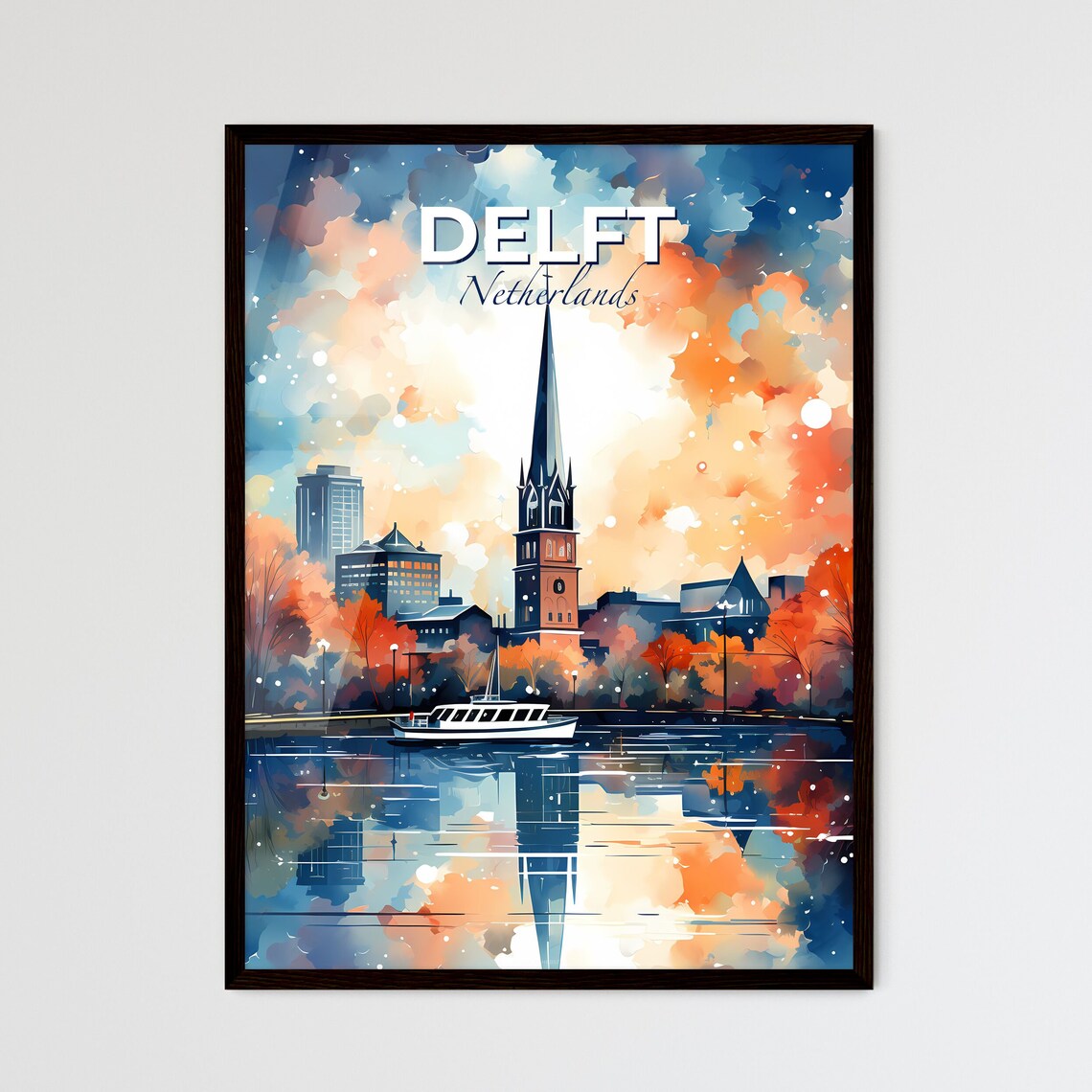 Delft Netherlands Canal Church Travel Poster Watercolor Sunset Art