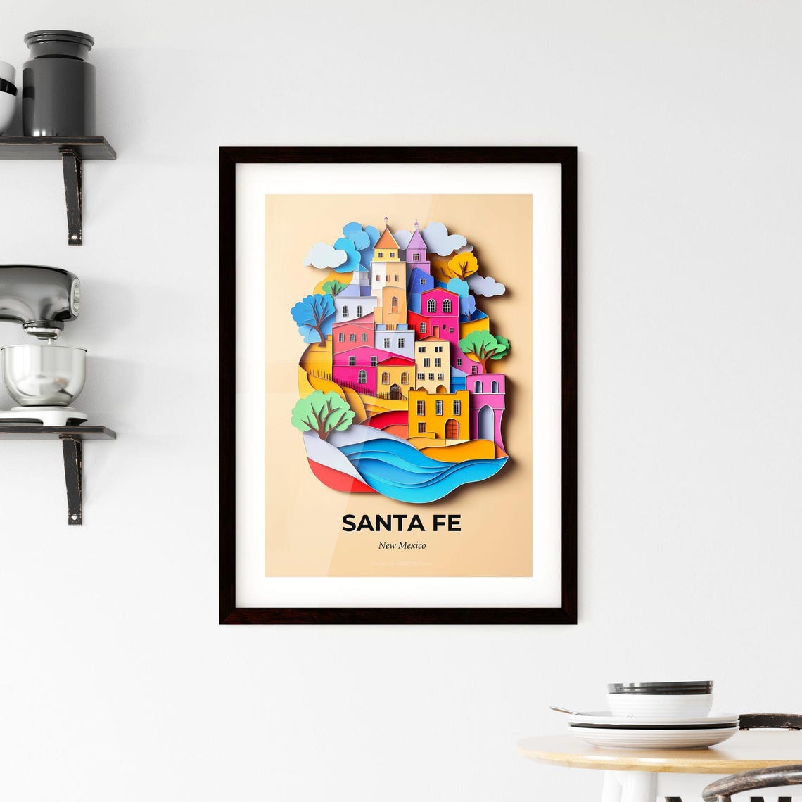 Santa Fe New Mexico Adobe Old Town Paper Cut Travel Art Poster - Image 2
