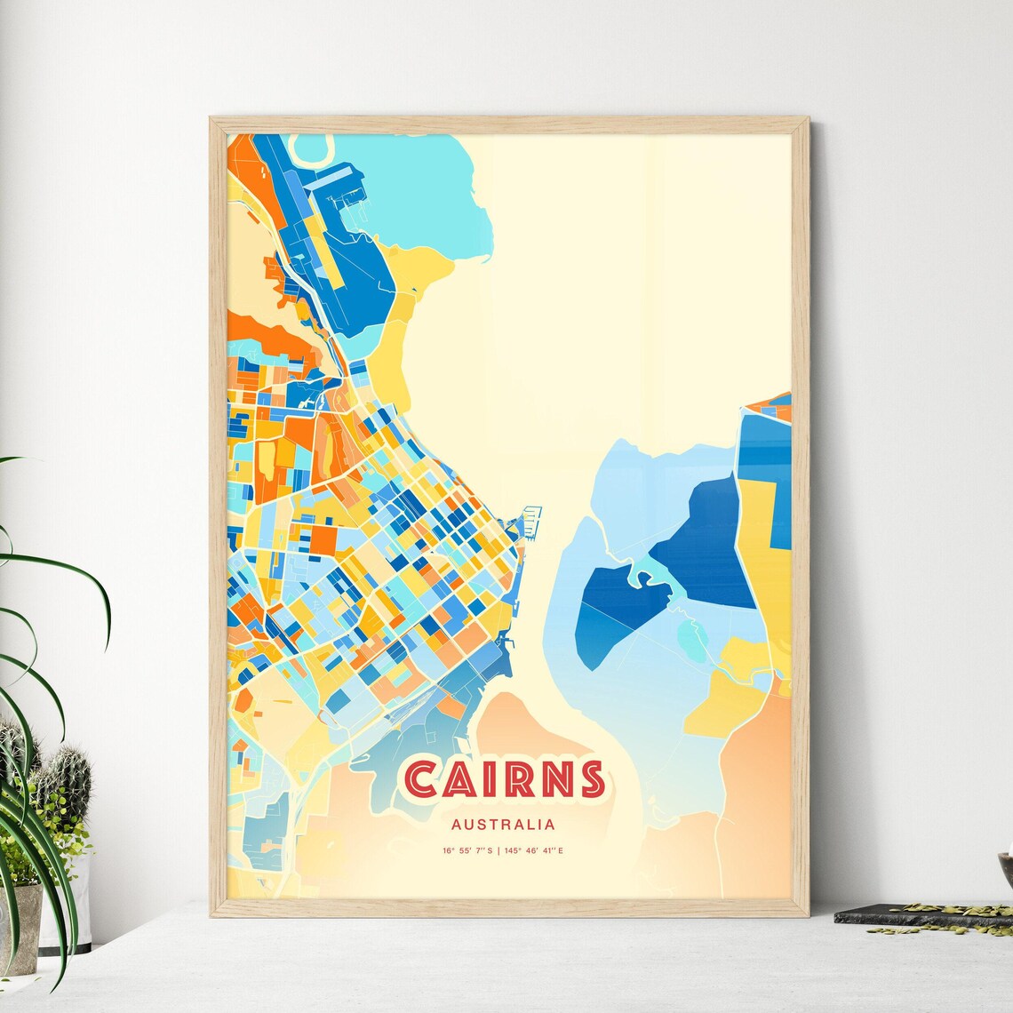 Cairns Australia Modern Geometric Blue Orange City Map Art Poster