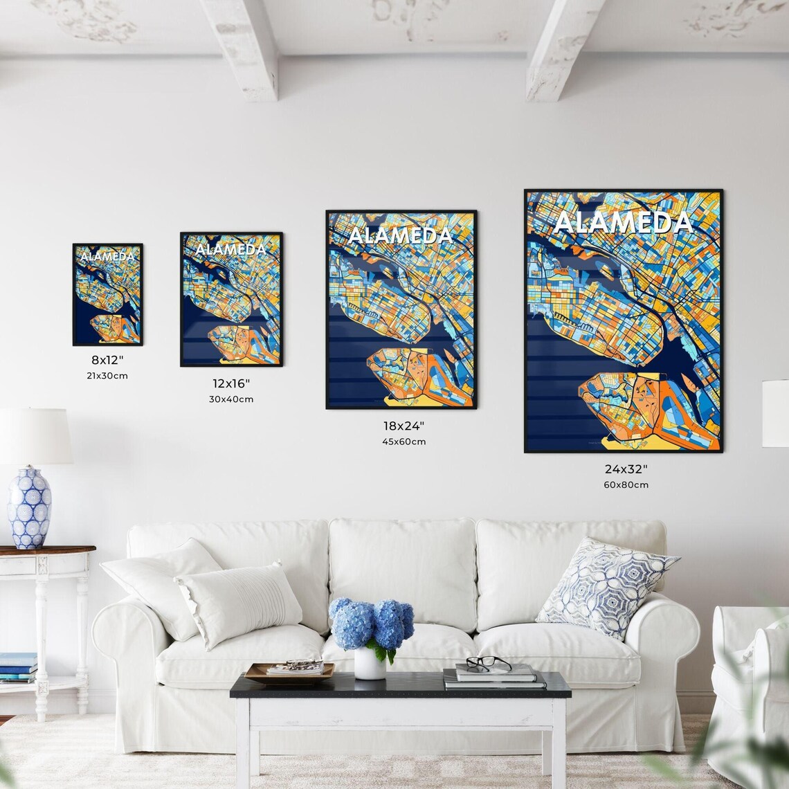 Alameda California Vibrant Geometric City Map Art Poster in Blue and Orange - Image 3