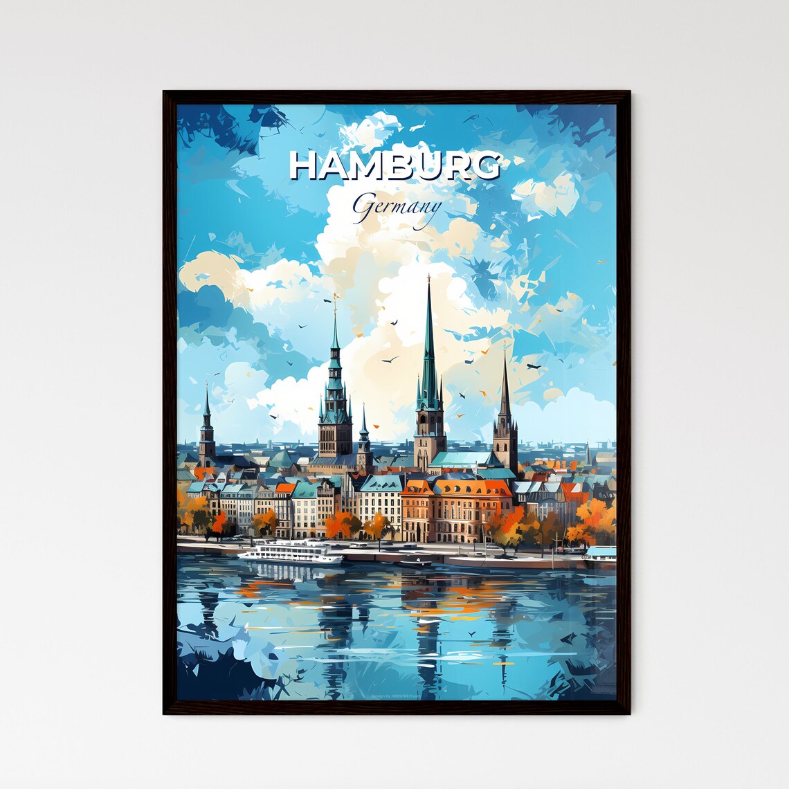 Hamburg Germany Church Towers Harbor Waterfront Travel Poster