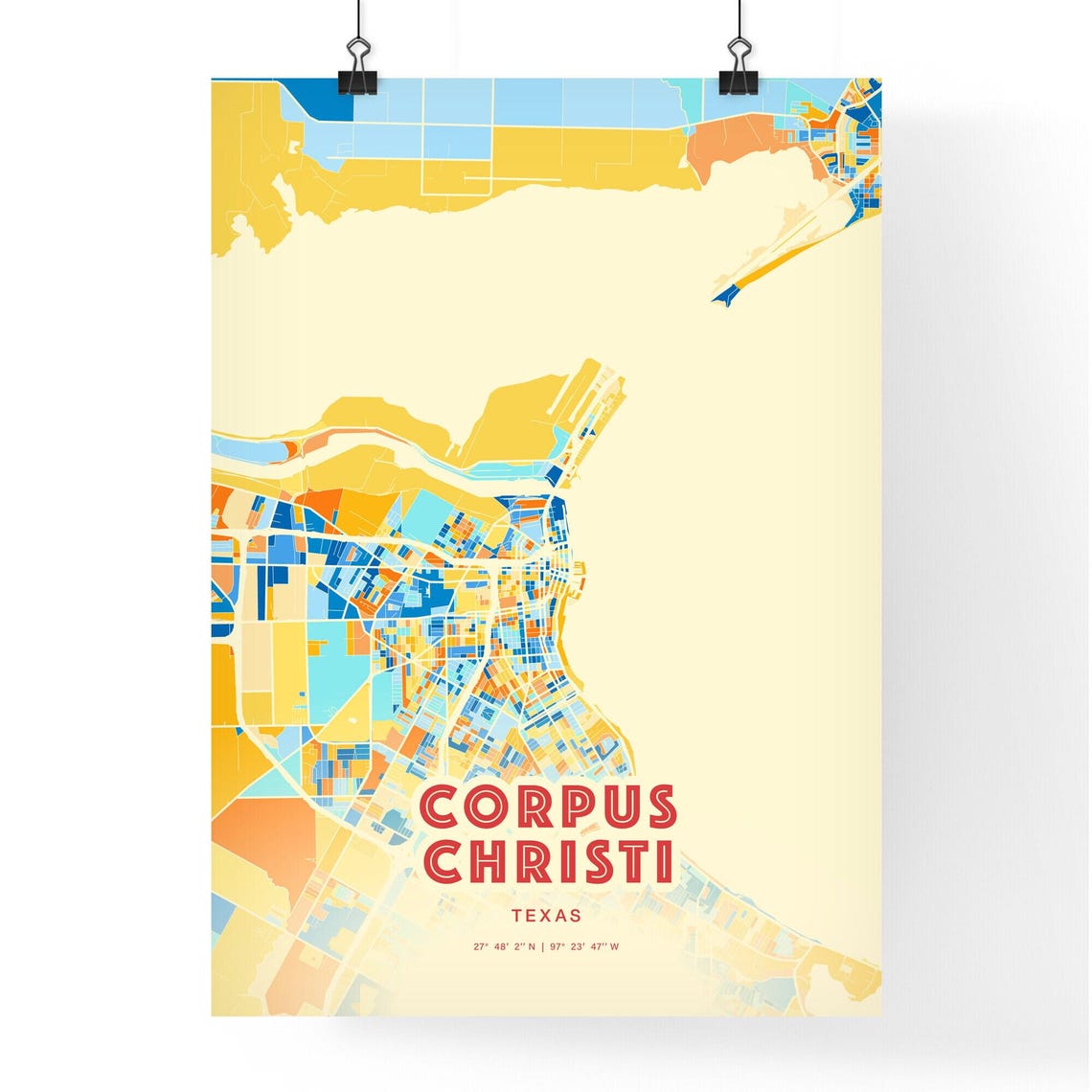 Corpus Christi Texas Blue Orange Bayfront Coastal Map Art Poster - Image 3