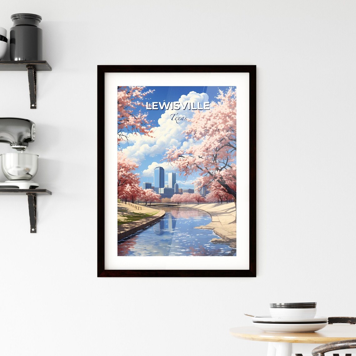Lewisville Texas Cherry Blossom Riverbend Skyline Travel Poster - Image 2