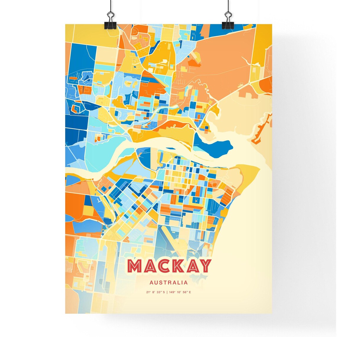 Mackay Australia Colorful City Map Poster Blue Orange Queensland Decor - Image 3