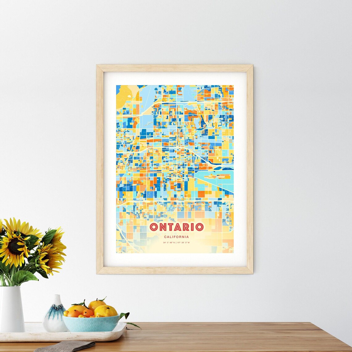 Ontario California Modern Vibrant Blue Orange Map Art Poster - Image 2