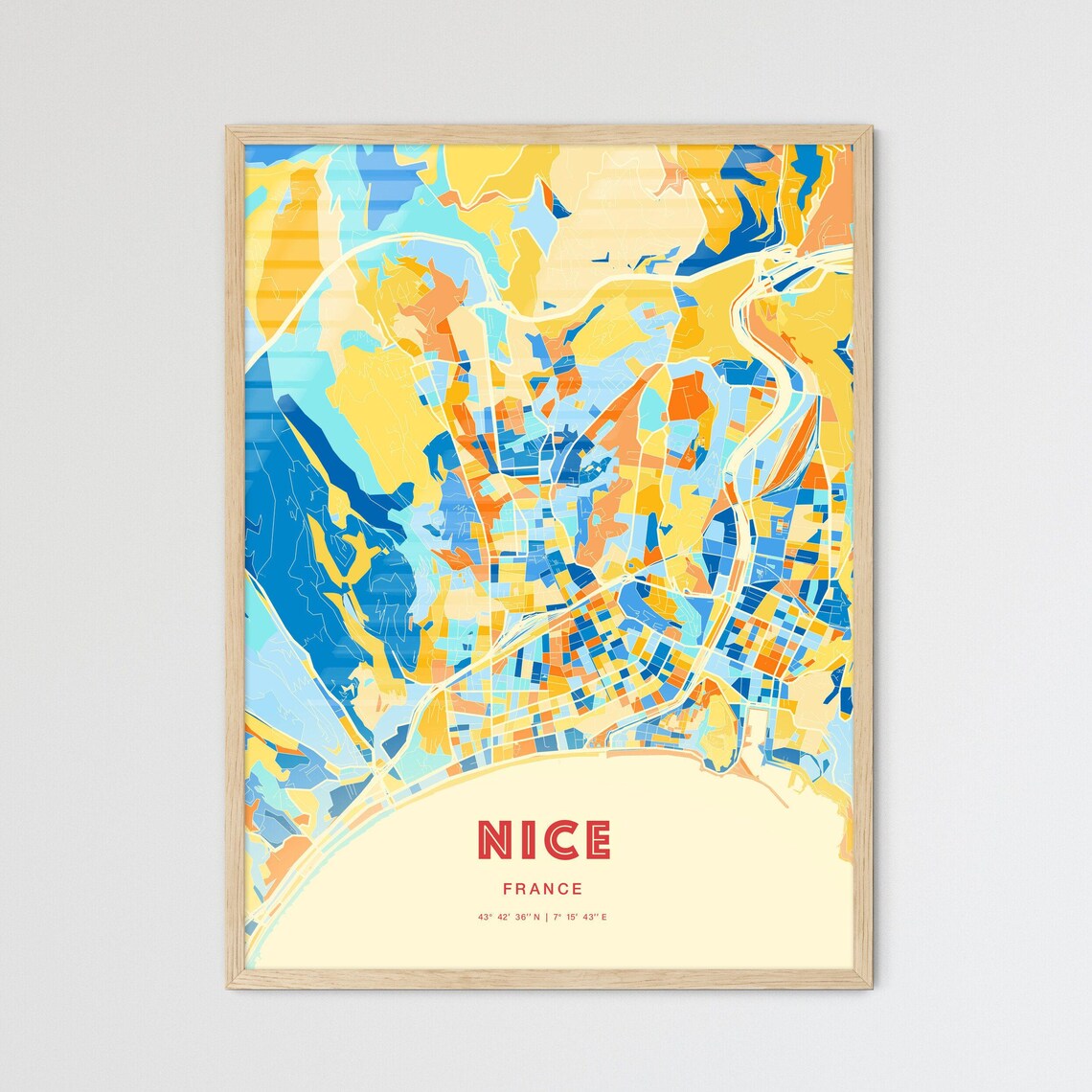 Nice France Blue Orange Sunny Riviera Coastline Map Art Poster
