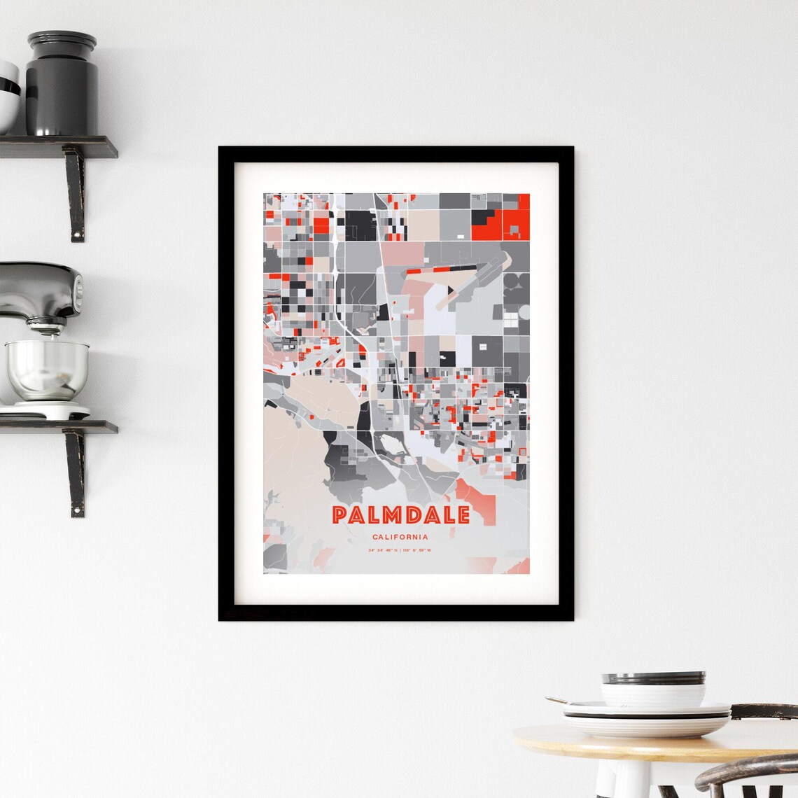Palmdale California City Map Art Poster Red Gray Expressive Wall Look - Image 2