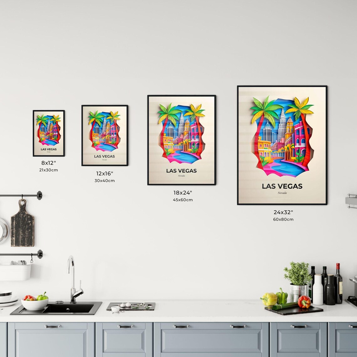 Las Vegas Nevada Colorful Paper Cut Palm Skyline Travel Poster - Image 3
