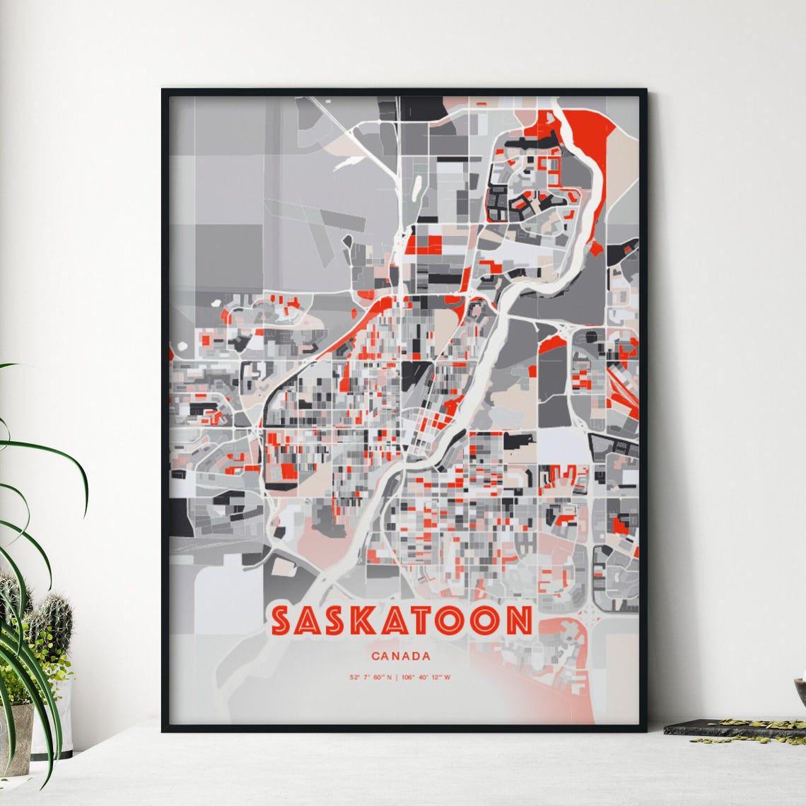 Saskatoon Canada City Map Art Modern Red Gray Coordinate Poster
