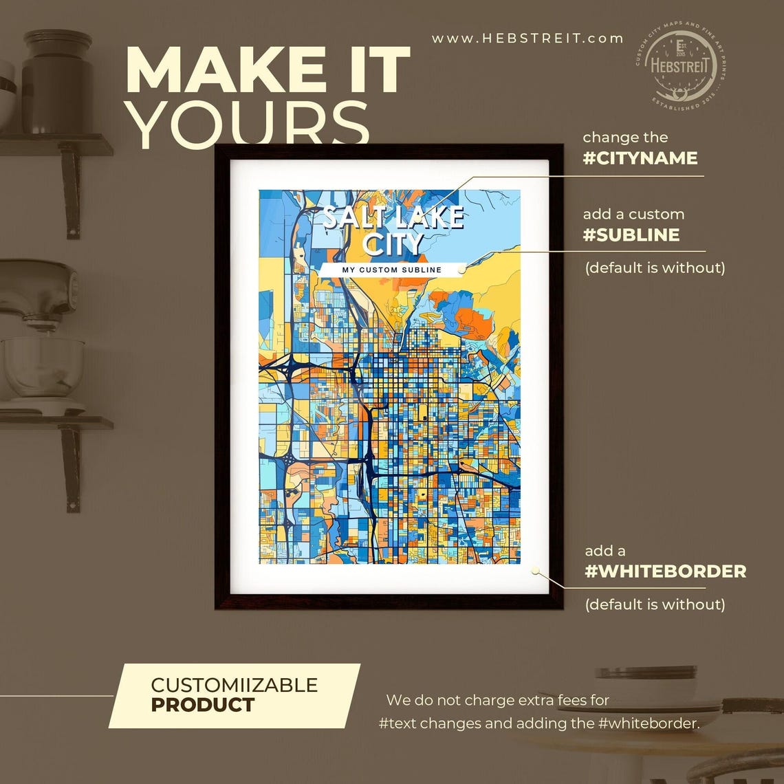 Salt Lake City Utah Stylized Blue and Orange City Map Poster - Image 2
