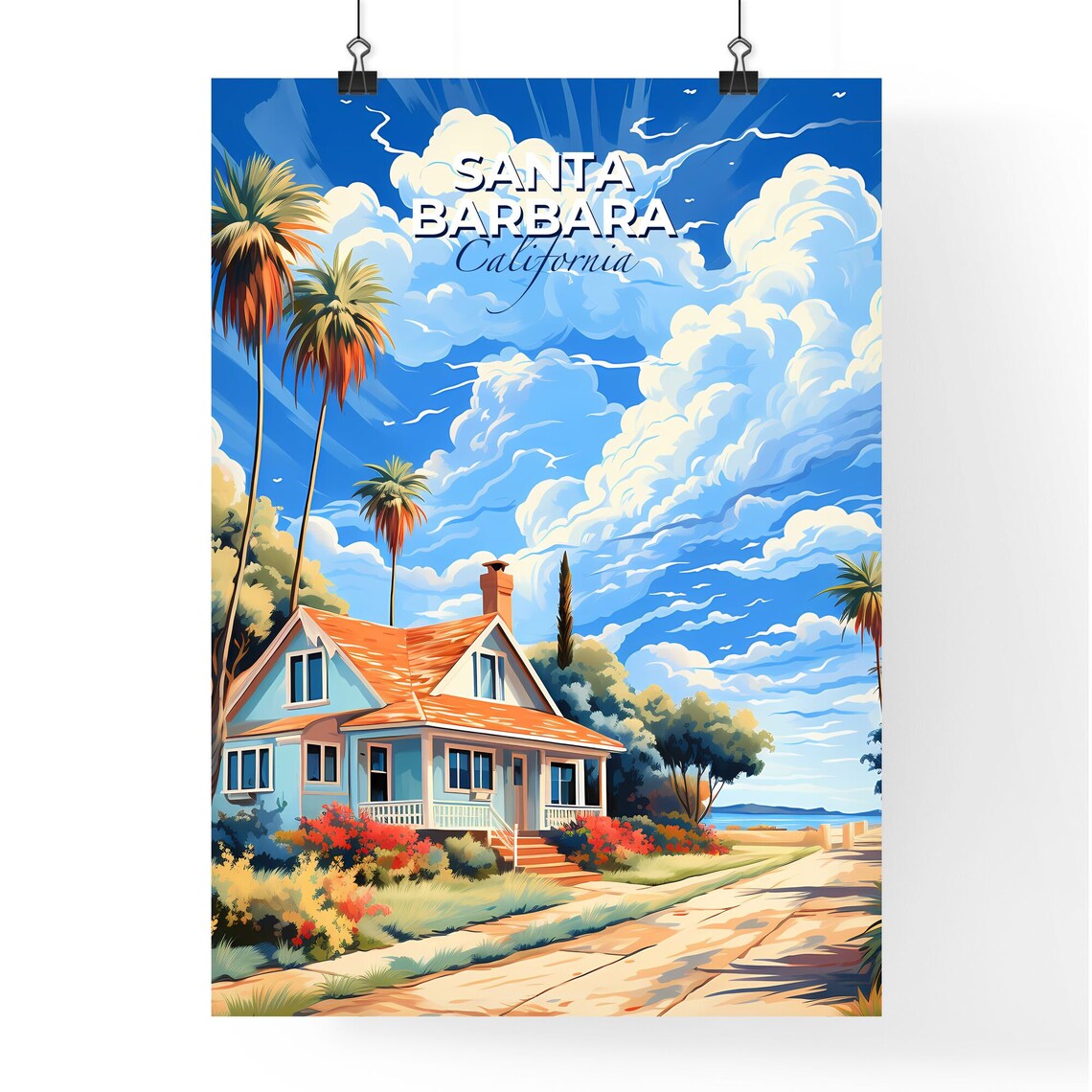 Santa Barbara California Beach Bungalow Palms Coastal Travel Poster - Image 4