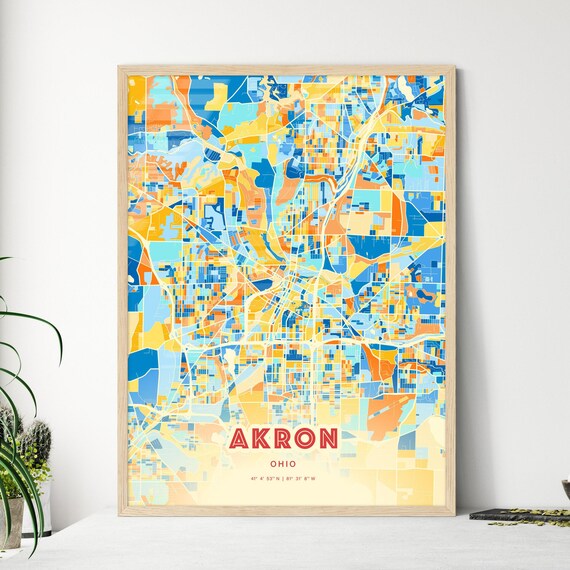Akron Ohio Blue Orange Colorful City Map Art Poster With Coordinates