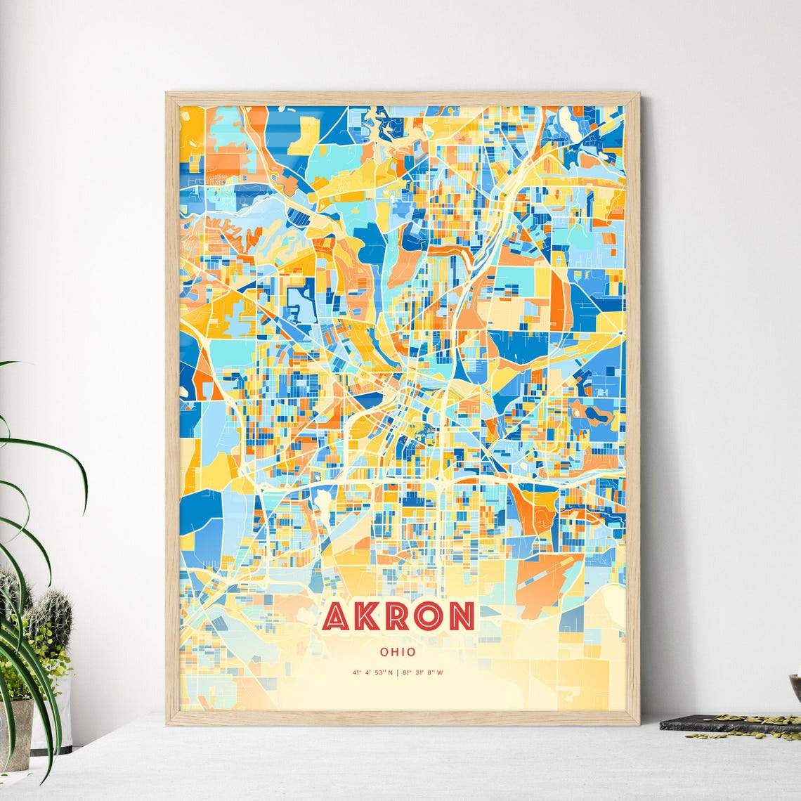 Akron Ohio Blue Orange Colorful City Map Art Poster With Coordinates