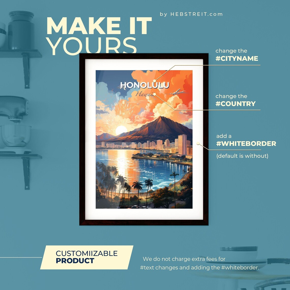 Honolulu Hawaii Diamond Head Sunset Beach Colorful Travel Poster - Image 2