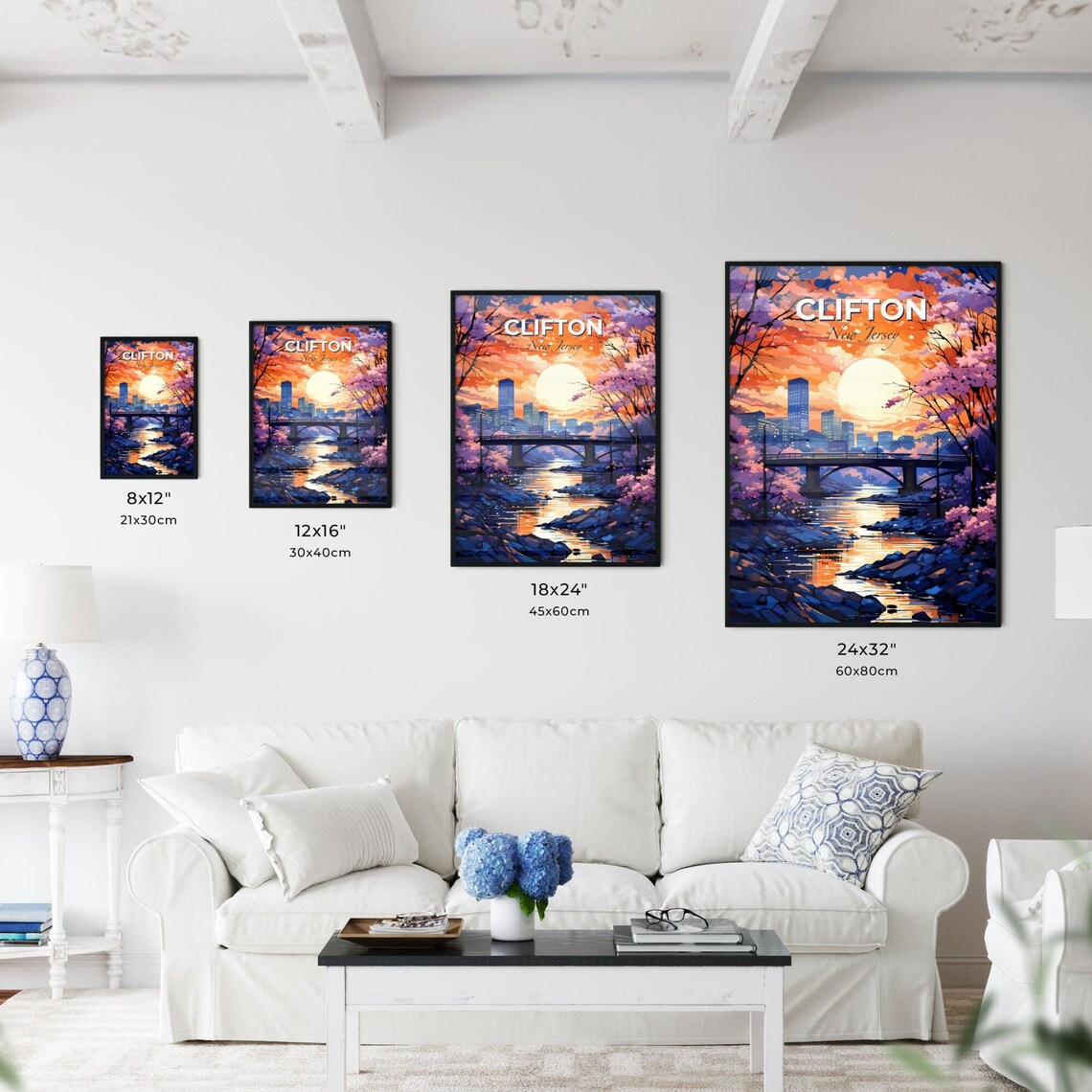Clifton New Jersey Sunset River Bridge City Skyline Scene Poster - Image 3