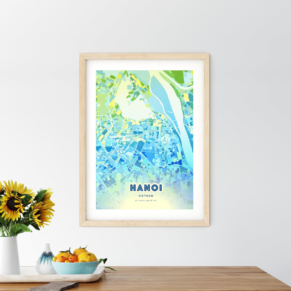 Bluish Street Map Art City Poster of Hanoi in Vietnam Blue Green - Image 2
