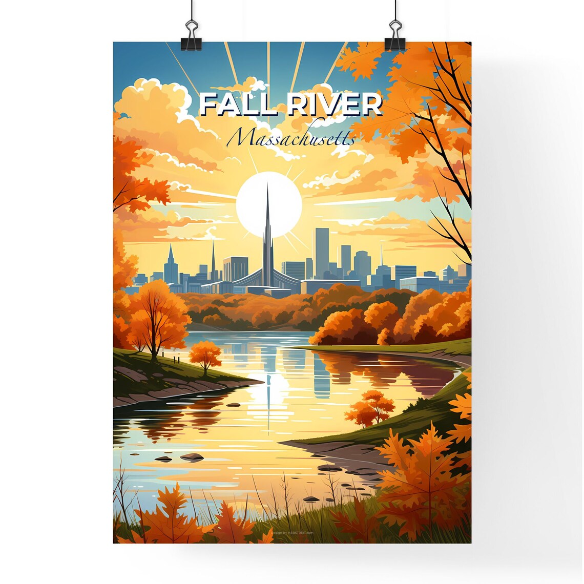 Fall River Massachusetts Autumn Lake Skyline Vintage Travel Poster - Image 4