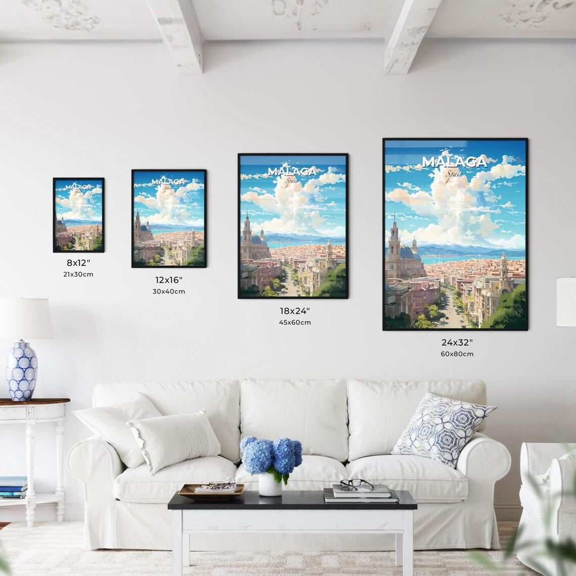 Malaga Spain Cathedral and Harbor beneath Bright Blue Skies Poster - Image 3