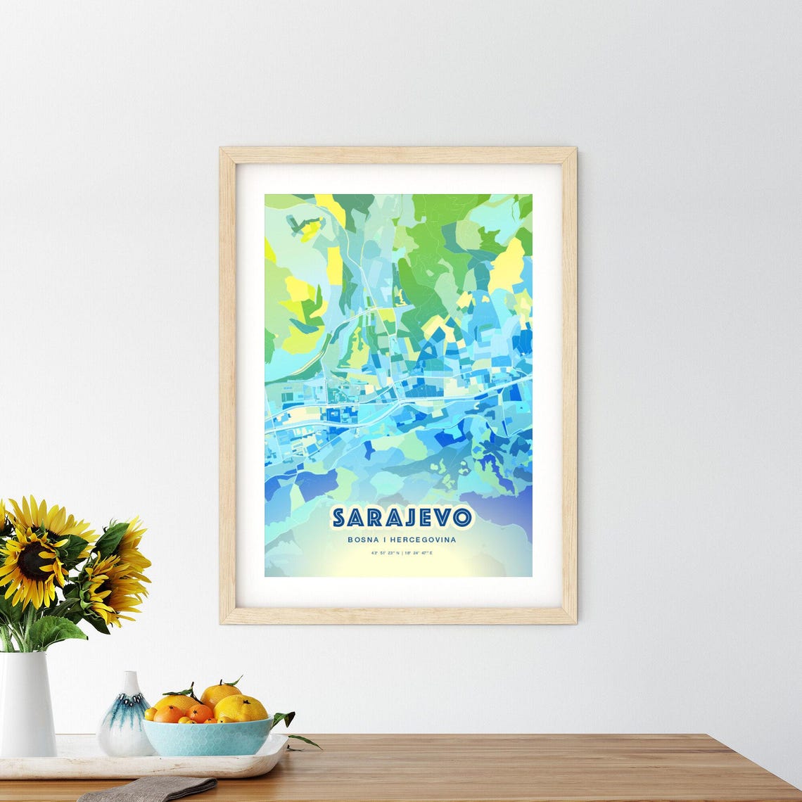 Sarajevo Bosnia Customizable Bluish Art City Map Coordinates Poster - Image 3