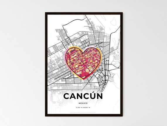 Cancun Mexico Minimal City Map Colorful Heart Icon Art Poster