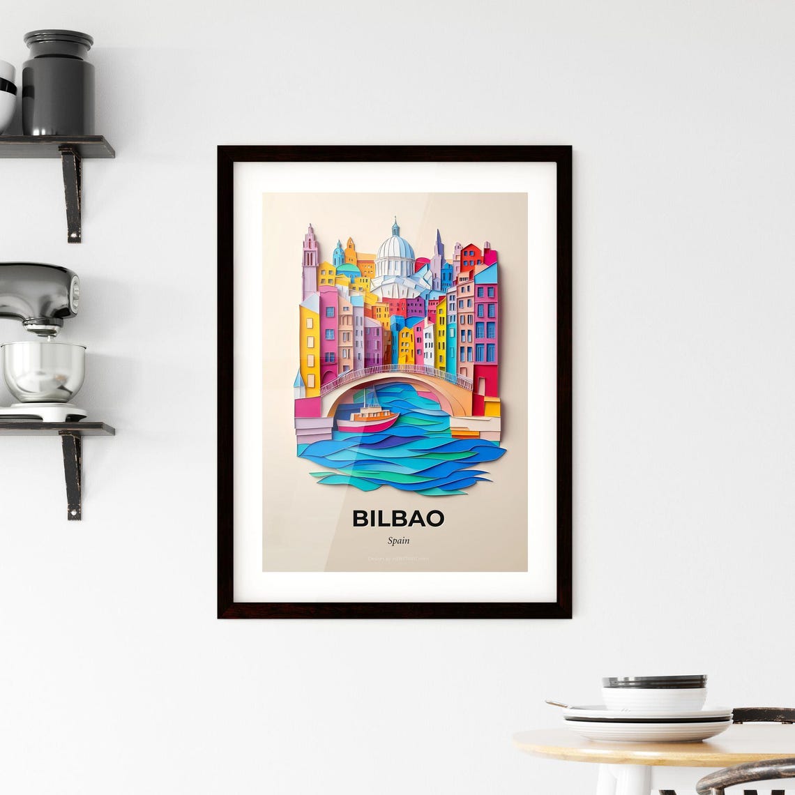 Bilbao Spain Old Town River Boat Colorful Paper Cut Art Poster - Image 2