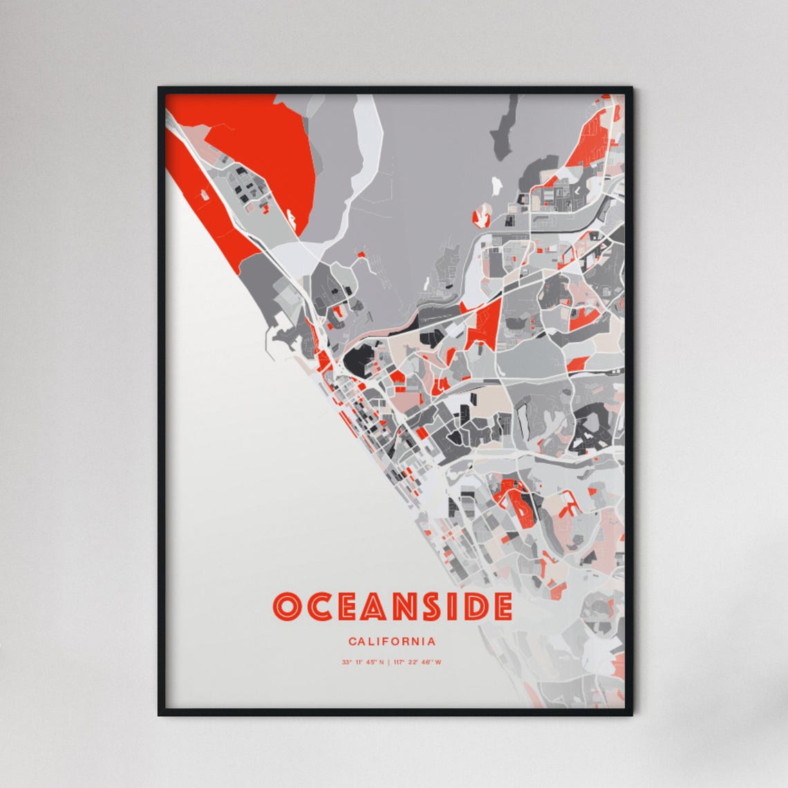 Oceanside California Expressive Red Abstract City Map Art Poster