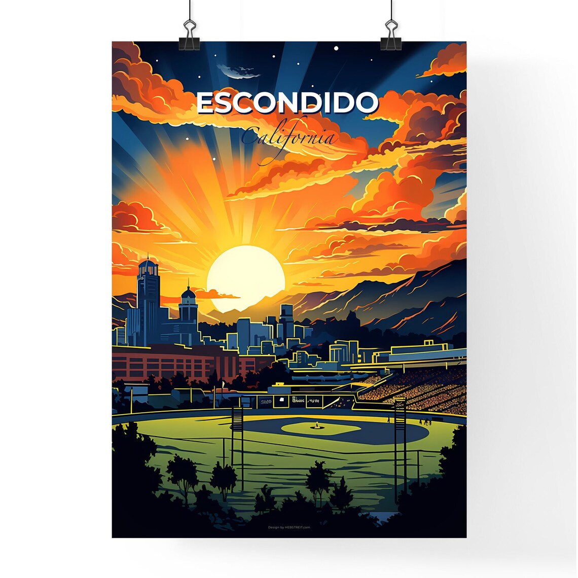 Escondido California Ballpark Sunset Skyline Vintage Travel Poster - Image 4