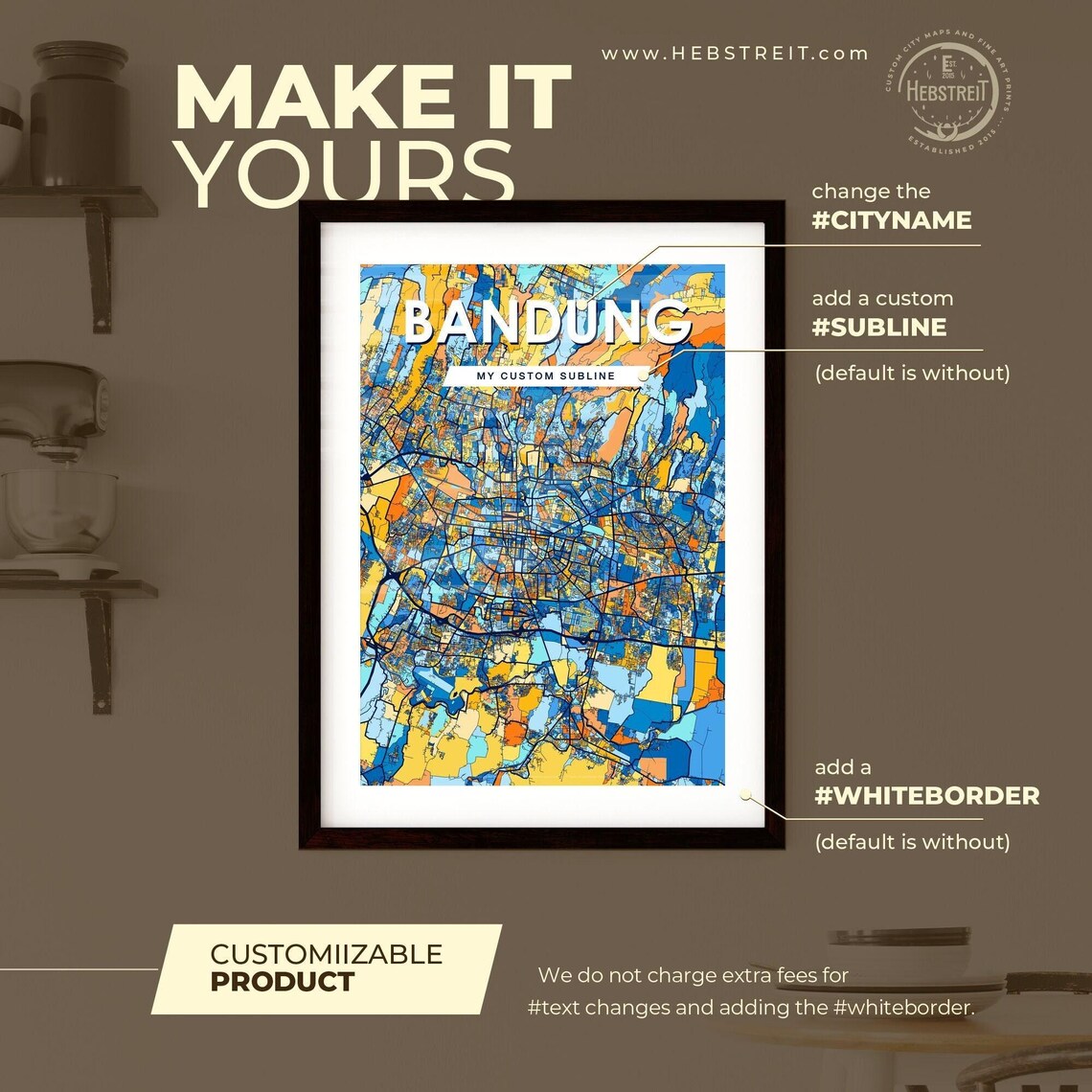 Bandung Indonesia Stylish Vibrant Blue and Orange Mosaic City Map Poster - Image 2
