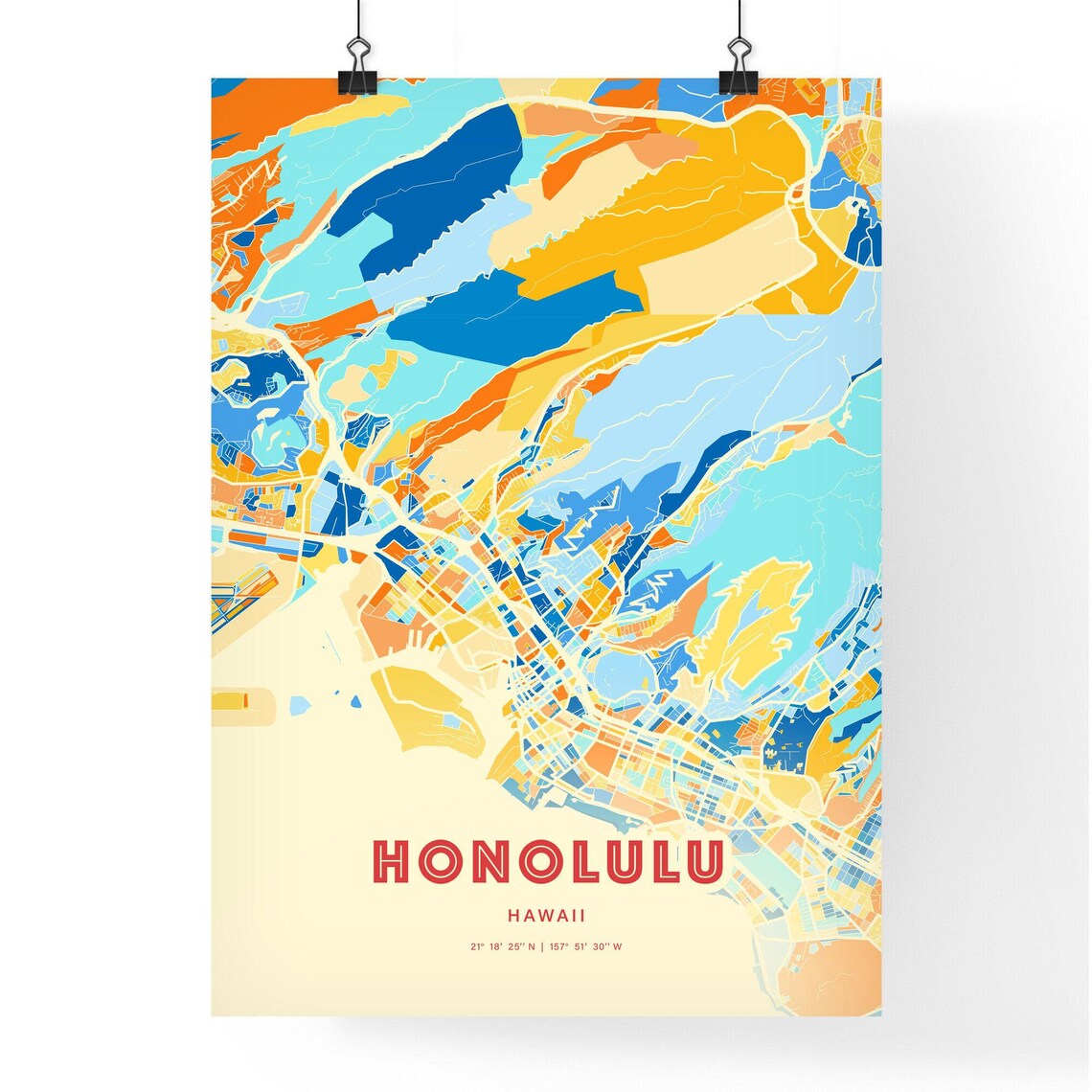 Honolulu Hawaii City Map Art Poster in Bold Blue and Orange Hues - Image 3