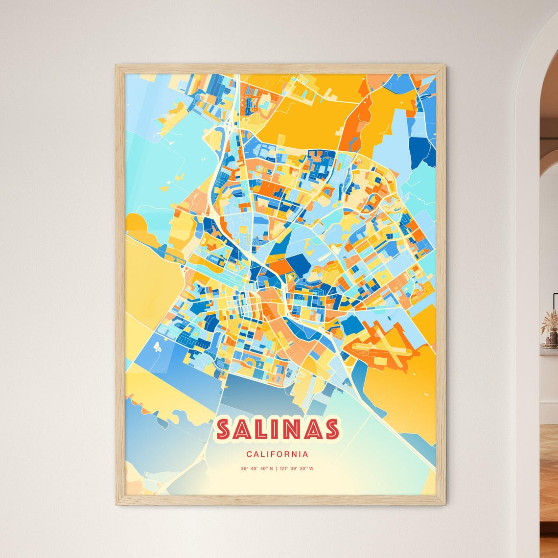 Salinas California Colorful Modern Blue Orange City Map Art Poster