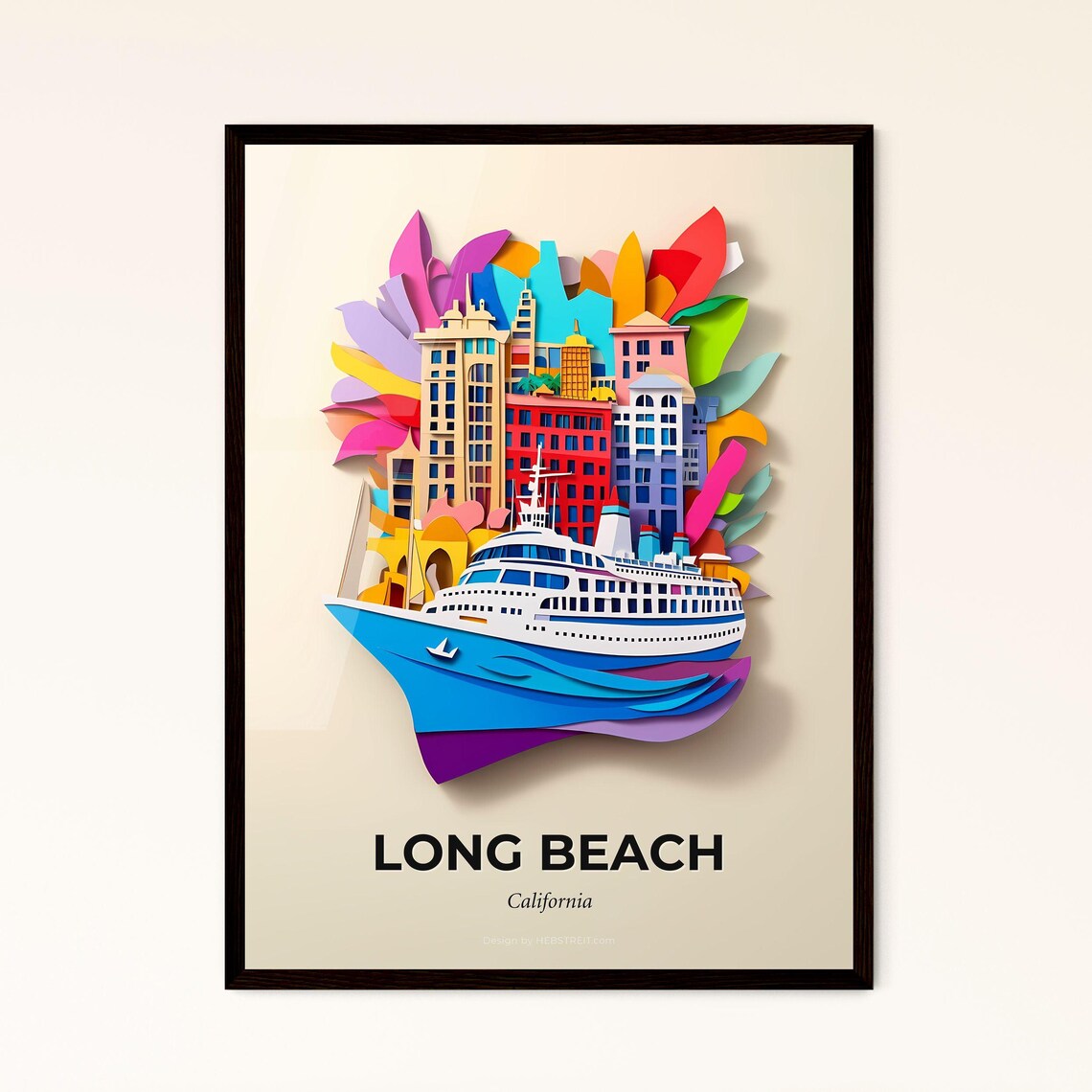 Long Beach California Cruise Ship Papercut Travel Scene Poster