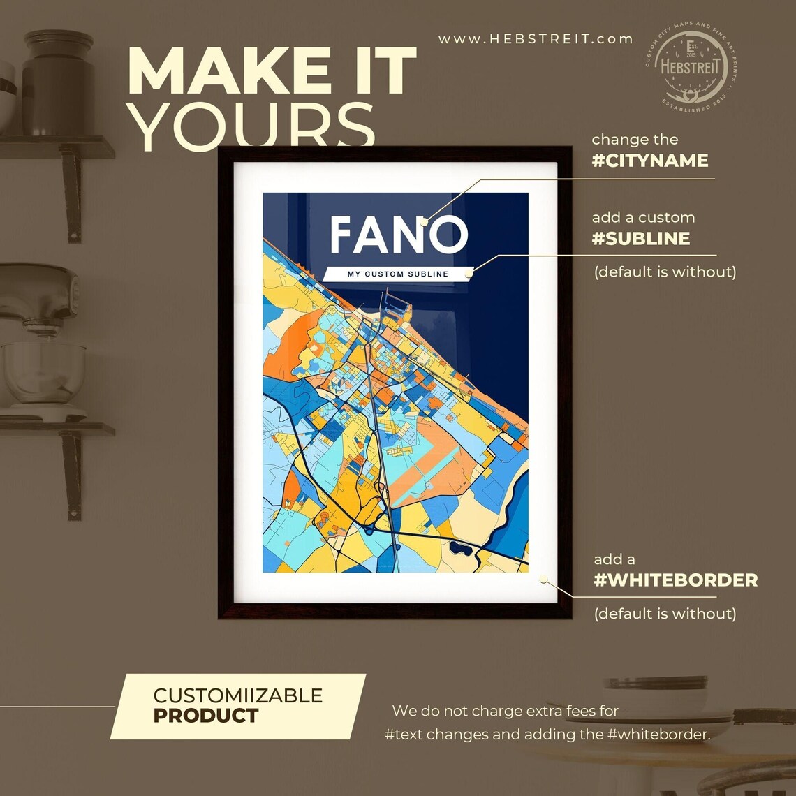 Fano Italy Vibrant Geometric City Map Art Poster in Blue and Orange - Image 2