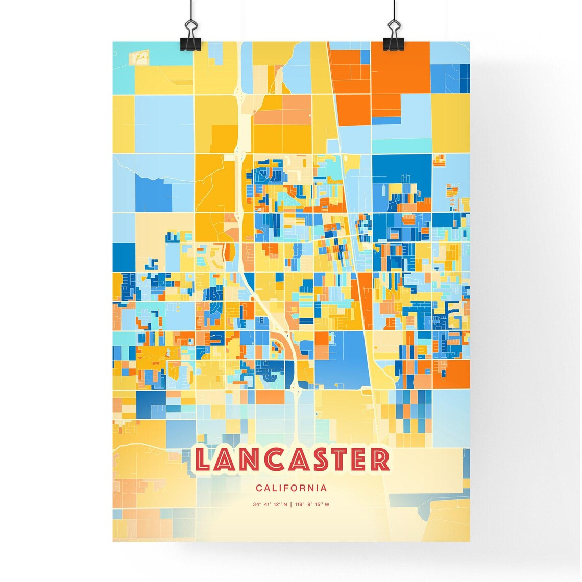 Lancaster California Vibrant Blue Orange City Map Art Poster - Image 3