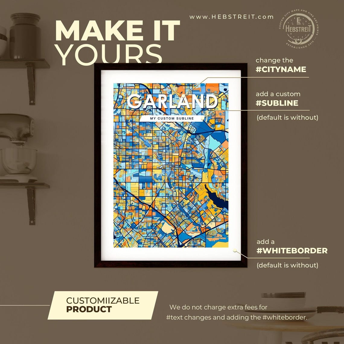Garland Texas Vibrant Stylized Blue and Orange City Map Poster - Image 2