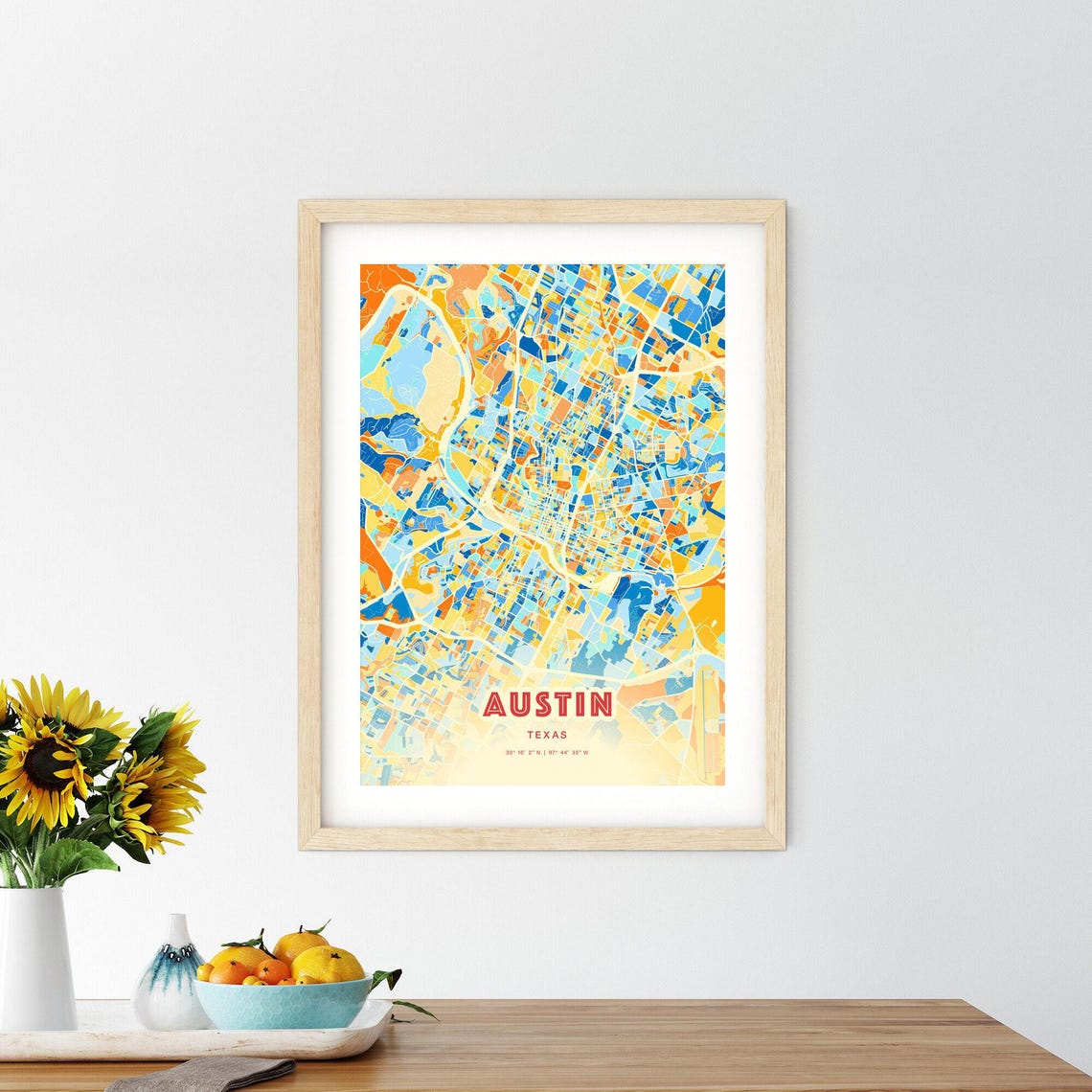 Austin Texas Bold Vibrant Blue Orange Mosaic City Map Poster - Image 2