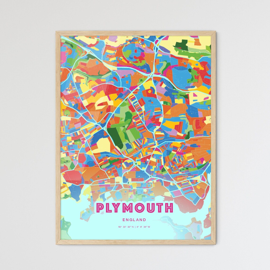 Custom Plymouth England Rainbow Crazy Colorful City Map Art Poster