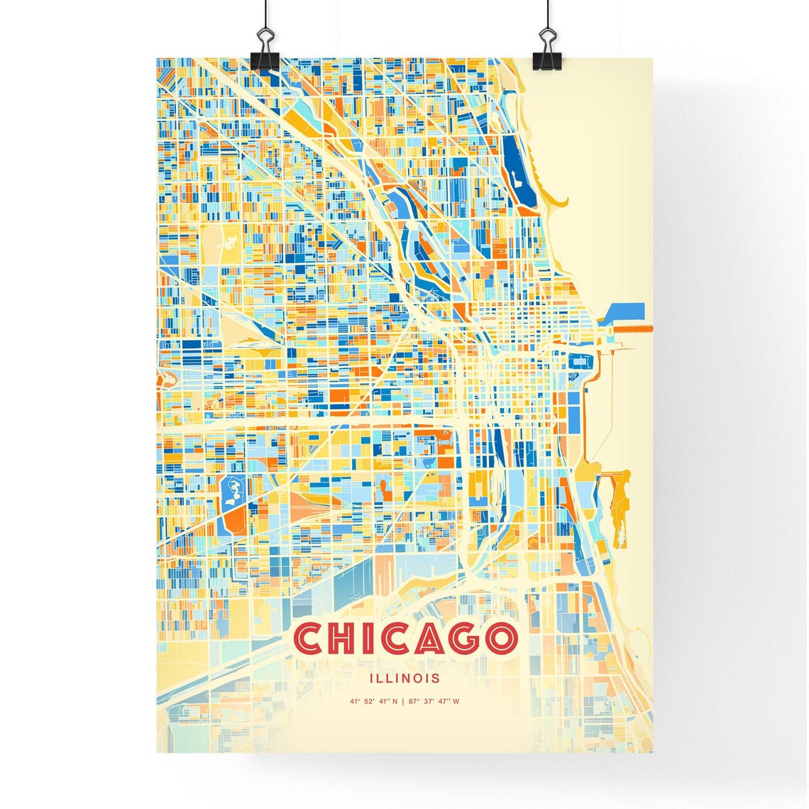 Chicago Illinois Bold Vibrant Blue Orange Mosaic City Map Poster - Image 3