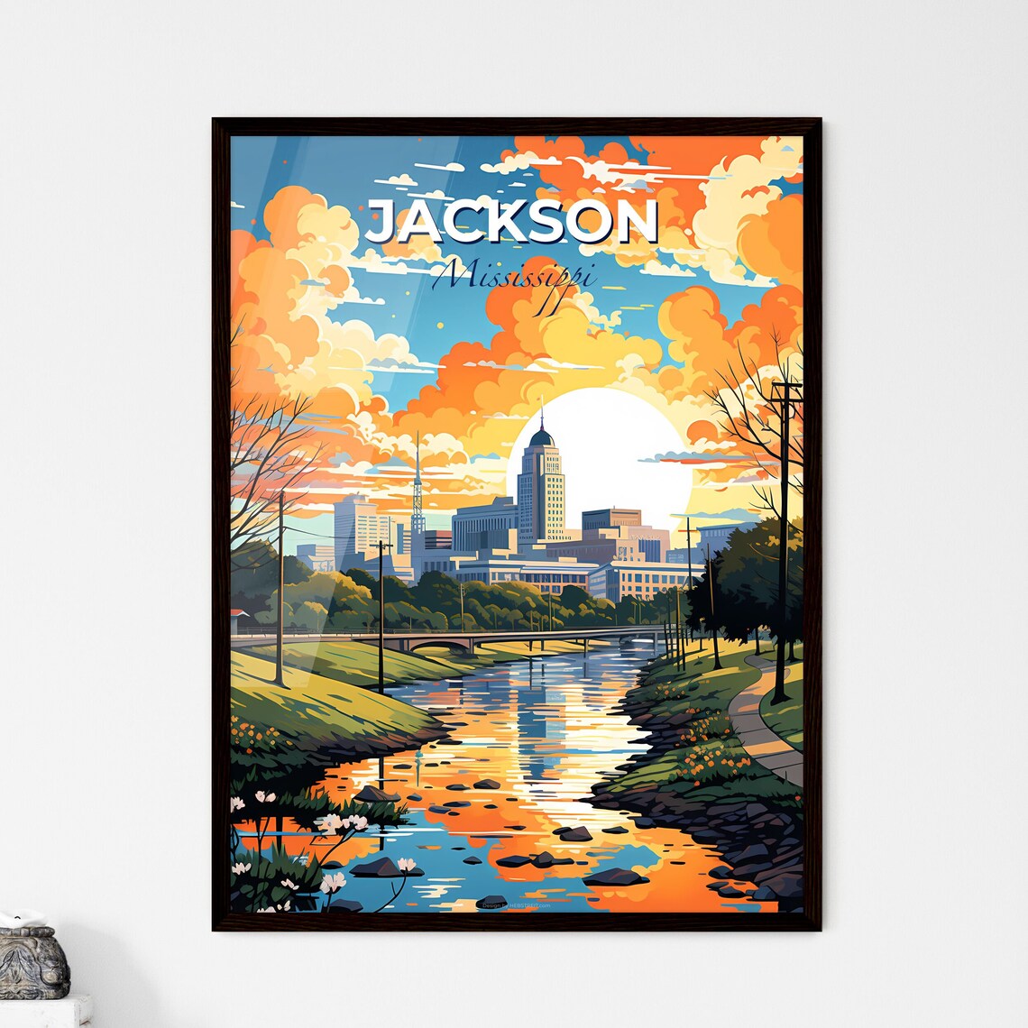 Jackson Mississippi River Sunset Travel Poster Skyline City Art