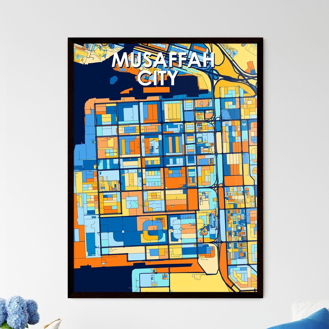 Musaffah City UAE Blue Orange City Map Poster Bold Modern Street Grid Art