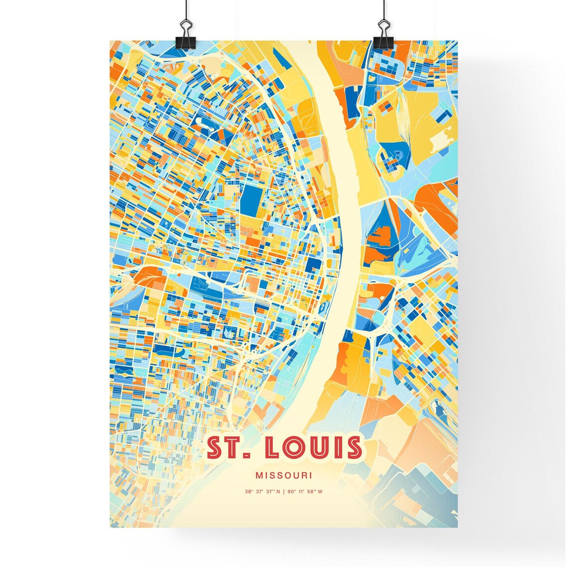 St Louis Missouri Blue Orange Mississippi River Map Art Poster - Image 3