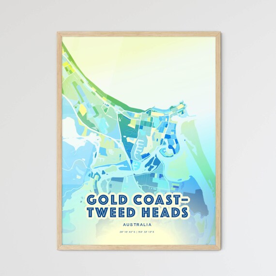 Gold Coast-Tweed Heads Australia Bluish Watercolor City Map Art Poster Wall Decor