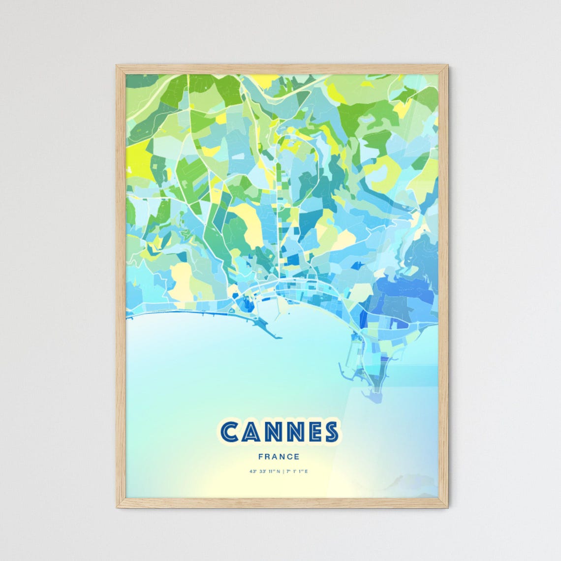 Cannes France Blue Green Expressive Coastal City Map Art Poster