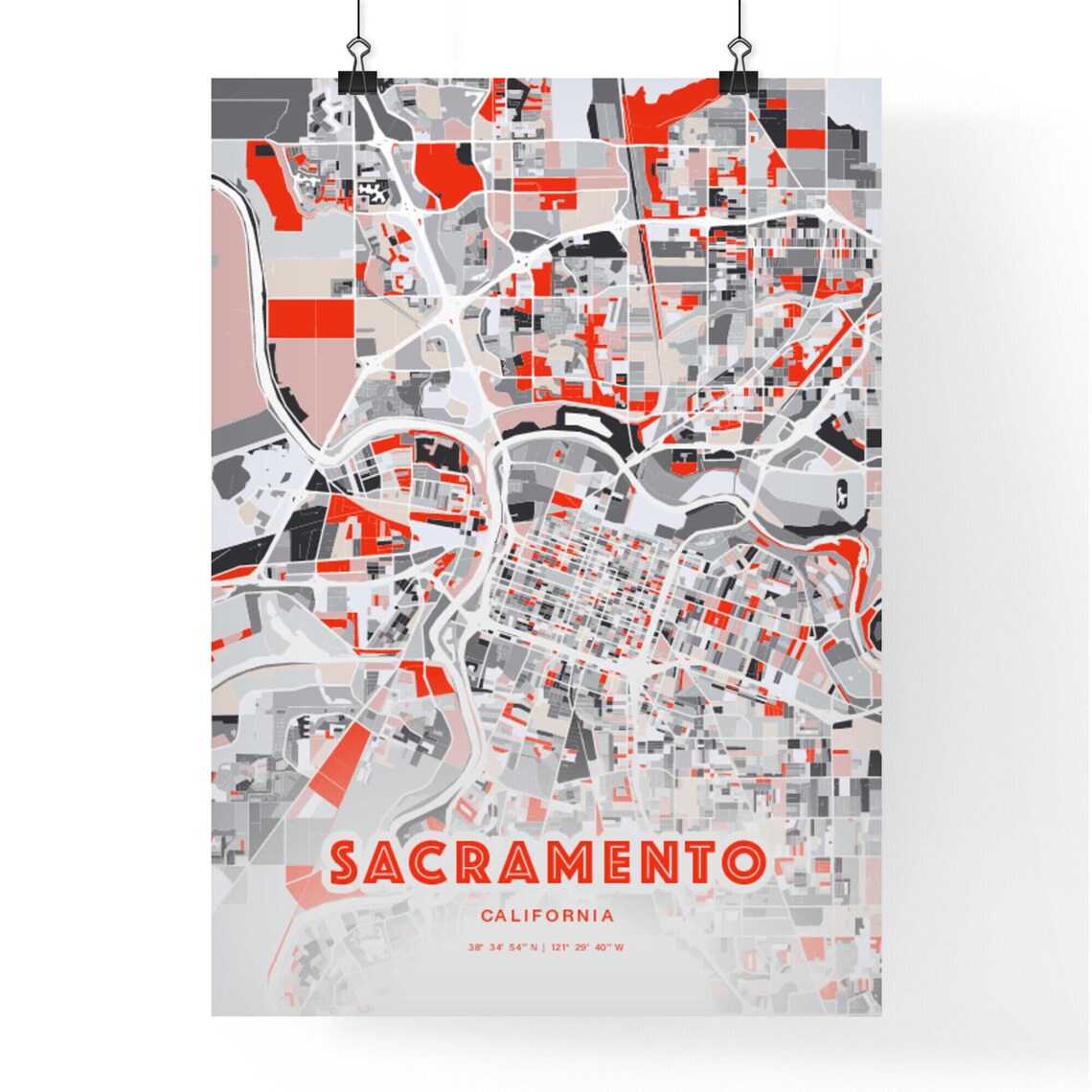 Sacramento California Modern Red Gray Expressive City Map Poster Customizable - Image 3