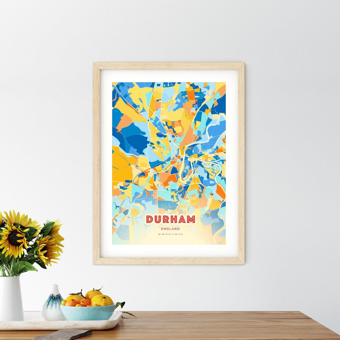 Durham England Colorful Blue and Orange Retro City Street Map Wall Art - Image 2