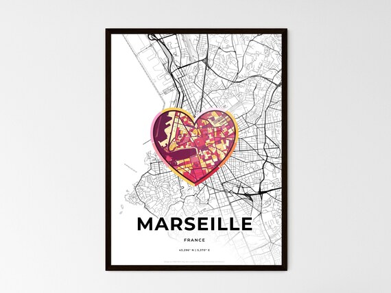 Marseille France Modern Minimalist Heart Street Map Art Poster
