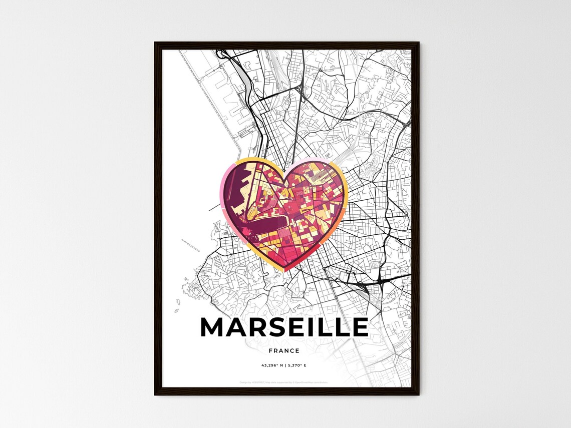 Marseille France Modern Minimalist Heart Street Map Art Poster