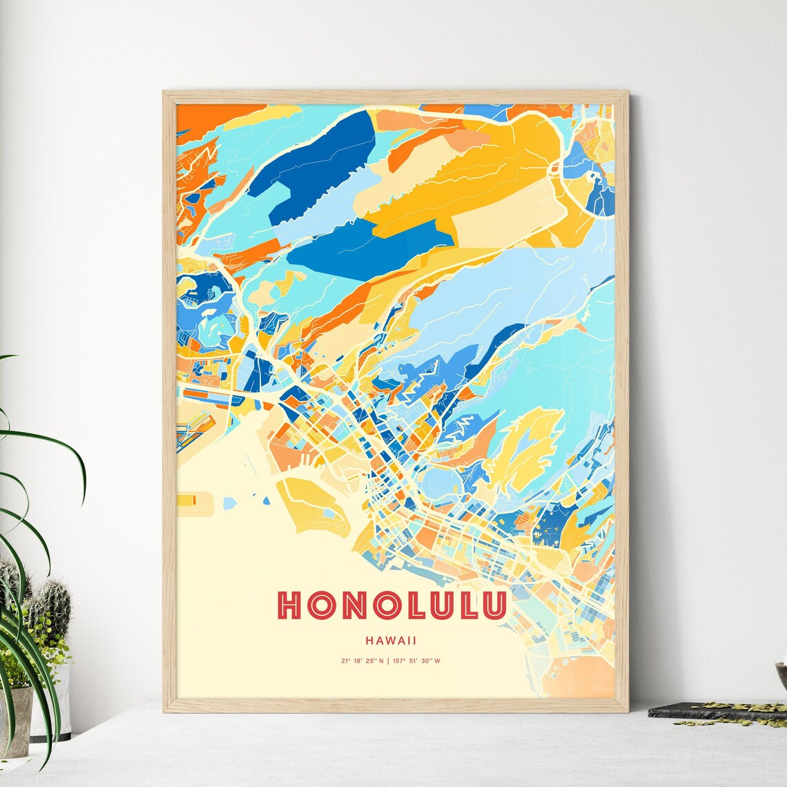 Honolulu Hawaii City Map Art Poster in Bold Blue and Orange Hues