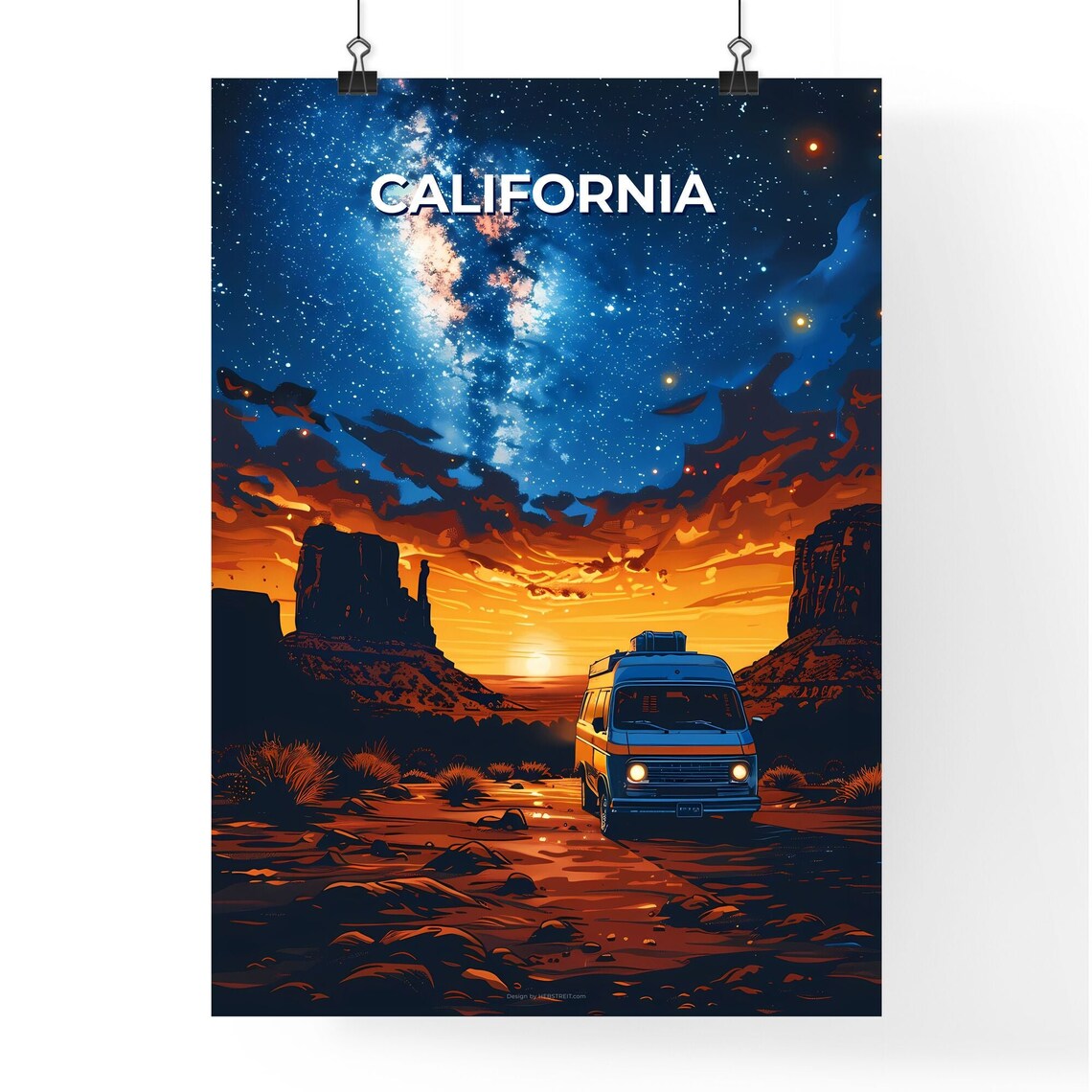 California Desert Sunset Camper Van Milky Way Night Art Poster - Image 4