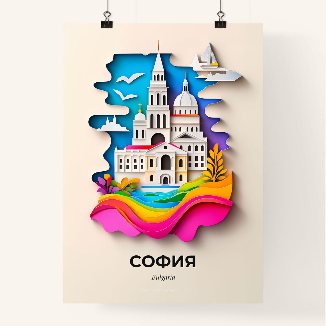 Sofia Bulgaria Church Seagulls Colorful Paper Cut Art Poster - Image 4